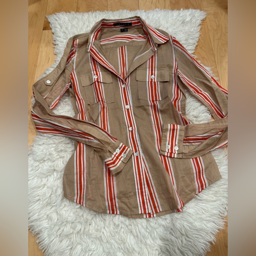THEORY button down striped blouse shirt long sleeve top size small y2k